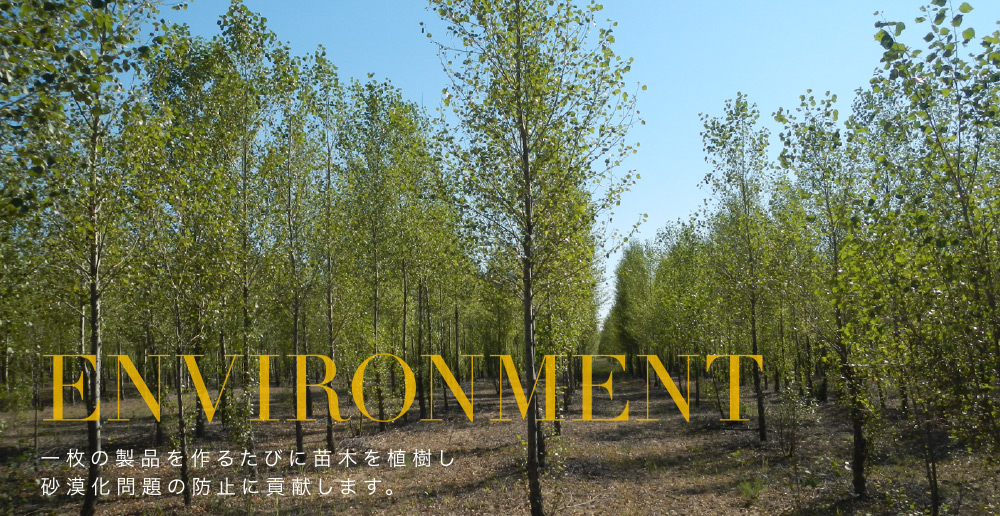 一枚の製品を作るたびに苗木を植樹し砂漠化問題の防止に貢献します。